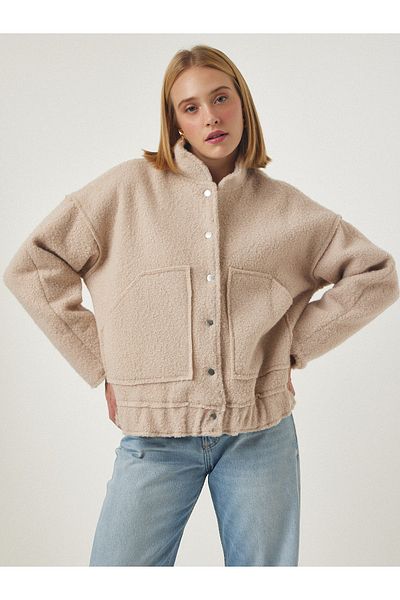Happiness İstanbul Beigefarbene Oversize-Bouclé-Jacke zum Aufstecken für Damen FN03087