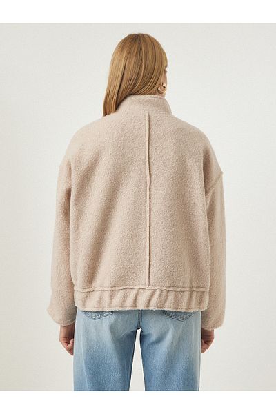 Happiness İstanbul Beigefarbene Oversize-Bouclé-Jacke zum Aufstecken für Damen FN03087