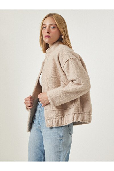 Happiness İstanbul Γυναικείο μπουφάν μπουλέ σε μπεζ Snap-On Oversize FN03087