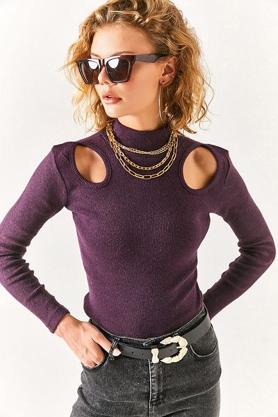 Olalook Schulterfreie Schalbluse mit halbem Rollkragen für Damen in Pflaume BLZ-19002390