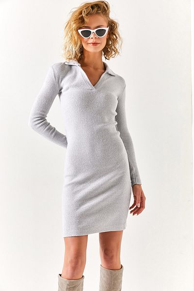 Olalook Women's Light Gray Polo Neck Lycra Raised Dress ELB-19001800