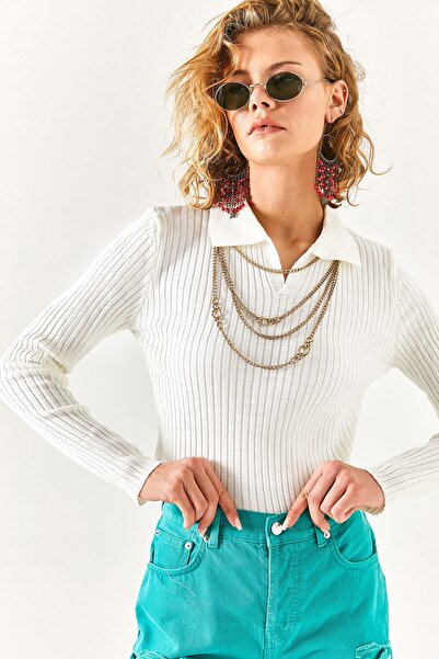 Olalook Women's Ecru Polo Collar Ribbed Knitwear Sweater KZK-19000616