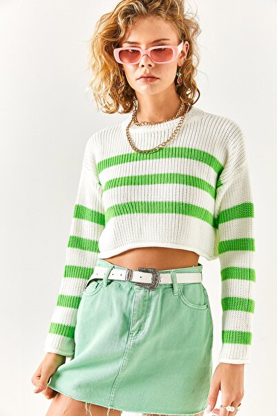 Olalook Γυναικείο λευκό φιστίκι πράσινο Θεσσαλονίκη πλεκτό ριγέ πλεκτό πουλόβερ KZK- 19000615