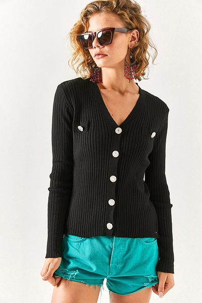 Olalook Women's Black Accessory Pocket Detailed Buttoned Cardigan HRK-19000235