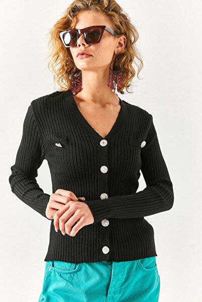 Olalook Women's Black Accessory Pocket Detailed Buttoned Cardigan HRK-19000235