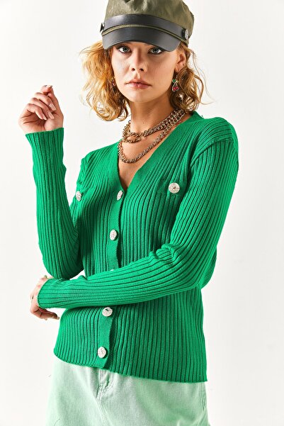 Olalook Women's Emerald Green Accessory Pocket Detailed Buttoned Cardigan HRK-19000235