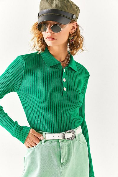 Olalook Women's Emerald Green Gold Buttoned Polo Collar Ribbed Knitwear Sweater KZK-19000617