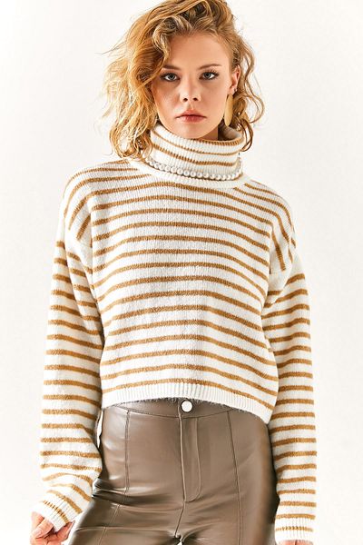 Olalook Kurzer, weicher Rollkragenpullover mit Streifen für Damen, ecru, KZK-19000619