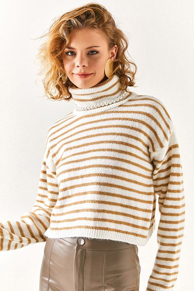 Olalook Kurzer, weicher Rollkragenpullover mit Streifen für Damen, ecru, KZK-19000619