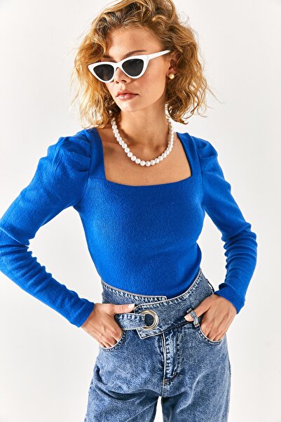 Olalook Dámská blůza Saks s modrým čtvercovým límcem a rukávem z růžového zlata BLZ-19002389