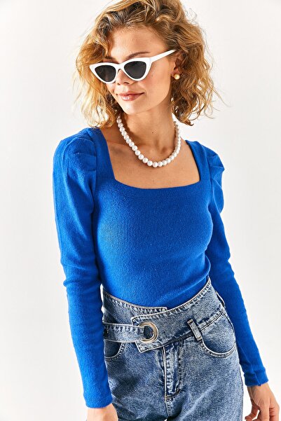 Olalook Dámská blůza Saks s modrým čtvercovým límcem a rukávem z růžového zlata BLZ-19002389