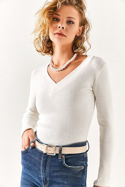Olalook Women's Ecru Thick Banded V-Neck Raised Blouse BLZ-19002387