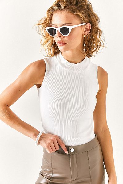 Olalook Women's Thin Ribbed Ecru Half Turtleneck Camisole Blouse BLZ-19000962