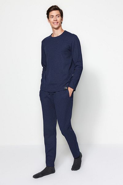 Trendyol Collection Indigo Regular Fit gofri kötött pizsama szett TMNAW24PT00004