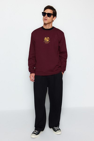 Trendyol Collection Space Print - Καφέ φούτερ με φλις, λαιμόκοψη - κανονική εφαρμογή TMNAW24SW00093