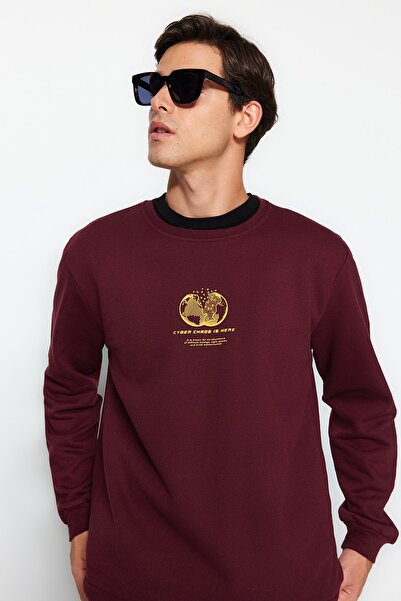 Trendyol Collection Space Print - Καφέ φούτερ με φλις, λαιμόκοψη - κανονική εφαρμογή TMNAW24SW00093