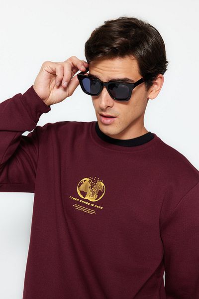 Trendyol Collection Space Print - Καφέ φούτερ με φλις, λαιμόκοψη - κανονική εφαρμογή TMNAW24SW00093