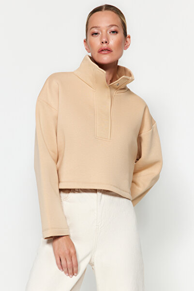 Trendyol Collection Norek Uvolněný Cut Crop Stojánek Límec na Zapínání Silný fleece Uvnitř Pletená mikina TWOAW24SW00008