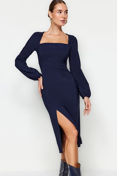Trendyol Collection Sötétkék hasított, négyzet alakú galléros szőtt ruha TWOAW24EL00457