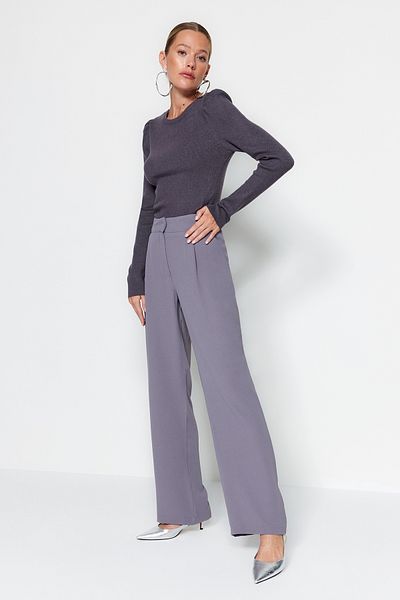 Trendyol Collection Γκρι υφαντό παντελόνι με πλισέ φαρδύ πόδι TWOSS19WX0017