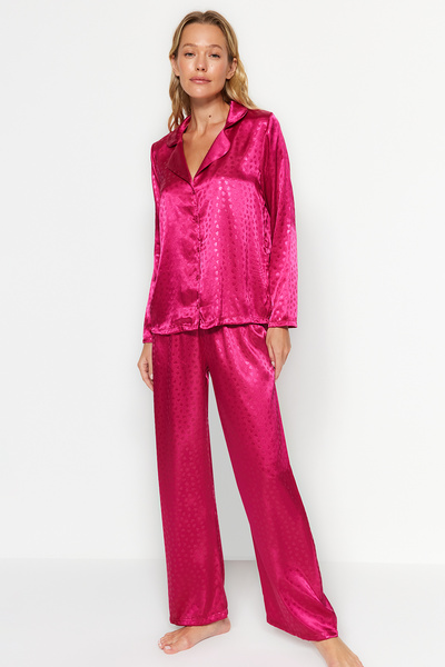 Trendyol Collection Fukszia szív szatén szőtt pizsama szett THMAW24PT00001