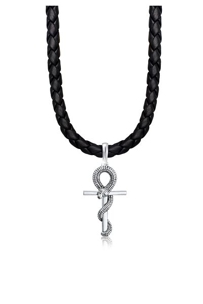 KUZZOI Halskette Herren Kreuz Schlange Leder Oxidiert 925 Silber