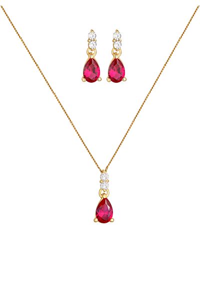 ELLI Schmuckset Kette Ohrhänger Syn. Rubin Zirkonia 925 Gümüş Vergoldet