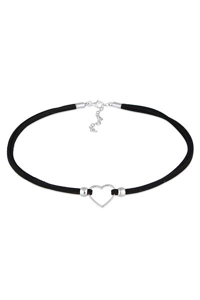 ELLI Schwarz 925 Silber Halskette - Halsband Herz Velourband