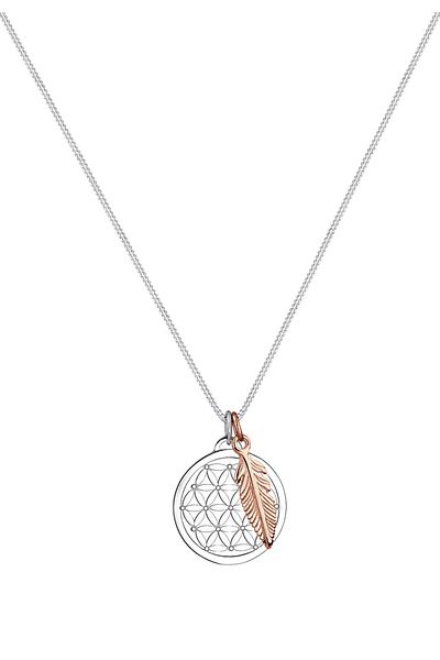 ELLI Halskette Damen Blume des Lebens Feder Anhänger Bicolor aus 925 Sterling Silber
