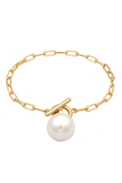 ELLI Armband Damen Links Basic Knebelverschluss mit synth. Perle in 925 Sterling Silber vergoldet