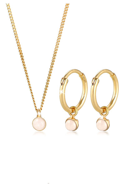 ELLI Schmuckset Kette Creolen Rosa Quarz Stein 925 Silber