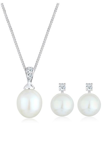 ELLI Schmuckset Süßwasserzuchtperle Diamant (0,10 ct.) 925 Silber