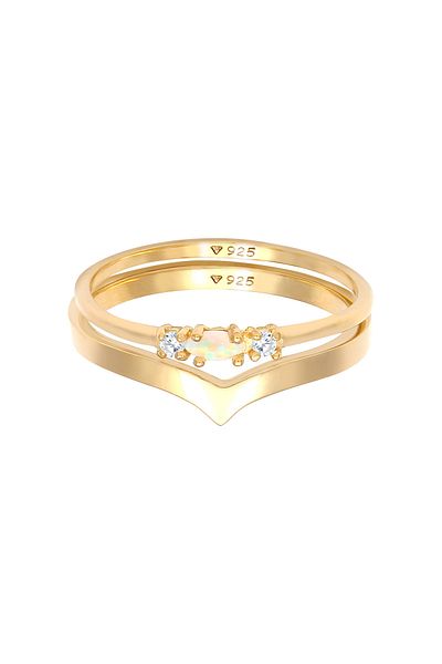 ELLI Ring Damen Set Marquise V Form Basic mit Synthetischem Opal und Zirkonia Kristallen in 925 Sterling Silber