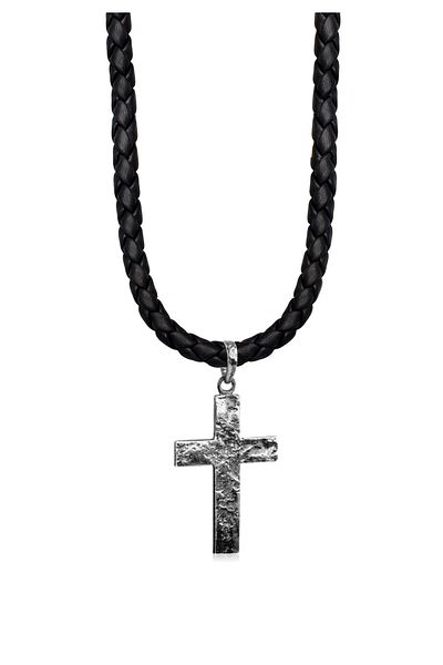 KUZZOI Halskette Männerkette Kreuz Oxidiertes Leder 925 Silber