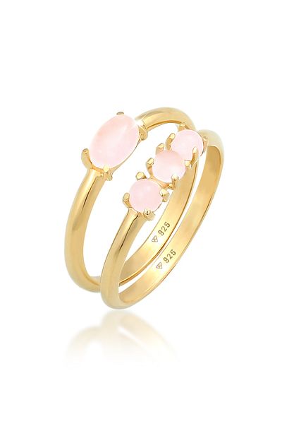 ELLI Ring Damen Stapelring Set Vintage Trend mit Rosenquarz in 925 Sterling Silber vergoldet