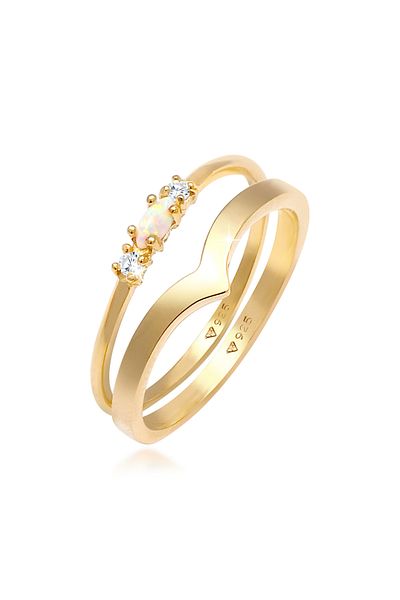 ELLI Ring Damen Set Marquise V Form Basic mit Synthetischem Opal und Zirkonia Kristallen in 925 Sterling Silber