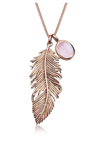 ELLI Halskette Feder Boho Hippie Rosenquarz 925 Gümüş