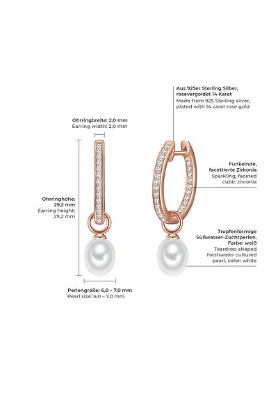 Valero Pearls Silberohcreolen Creolen Sterling Silber roségold Süßwasser-Zuchtperle weiß Zirkonia weiß