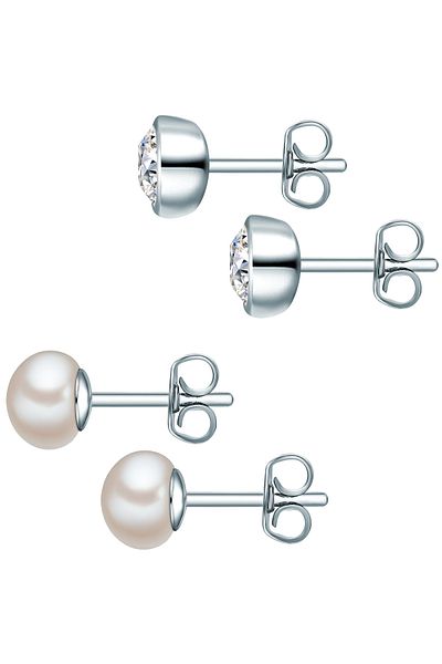 Rafaela Donata Perlenarmband 2er Set Ohrstecker Sterling Silber Süßwasser-Zuchtperle weiß verziert mit Kristallen v