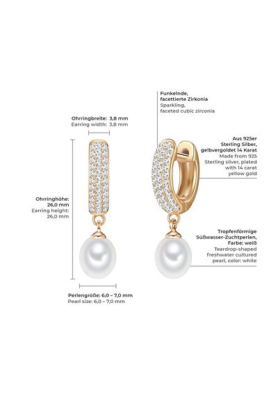 Valero Pearls Silberohcreolen Creolen Sterling Silber gelbgold Süßwasser-Zuchtperle weiß Zirkonia weiß