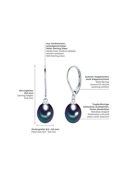 Valero Pearls Perlenohrhänger Ohrhänger Sterling Silber Süßwasser-Zuchtperle pfauenblau