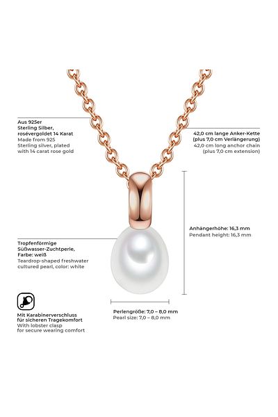 Valero Pearls Silberhalskette Kette mit Anhänger Sterling Silber roségold Süßwasser-Zuchtperle weiß