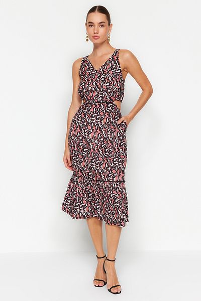 Trendyol Collection Hnědé leopardí midi šaty s výstřihem do V - A-Line Twoss23El02428