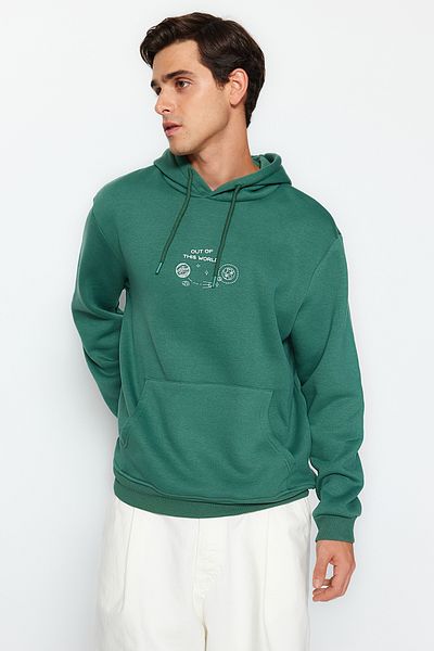 Trendyol Collection Green Space Embroidered - Teplá mikina s kapucí TMNAW24sw00101
