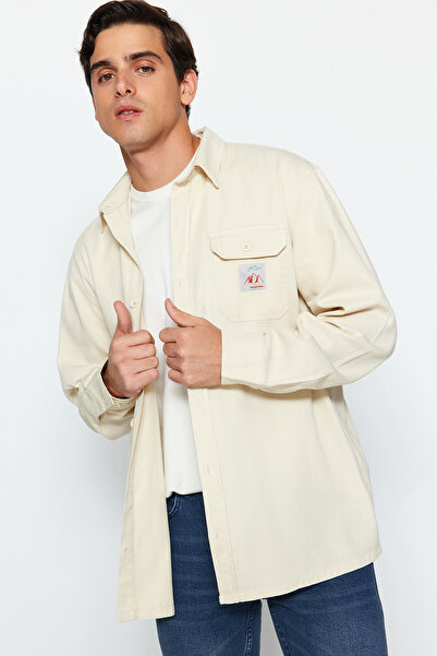 Trendyol Collection Stone 100% Cotton Relaxed Fit Label Detailed Single Pocket Gabardine Textured Shirt Jacket Tmnaw24Go00061