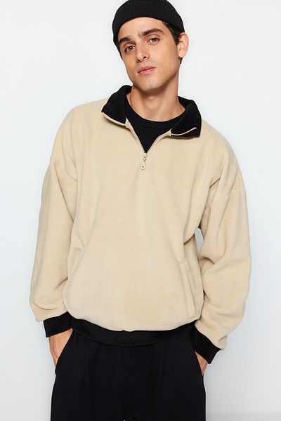 Trendyol Collection Μπεζ φούτερ Fleece Oversize Anti-pilling - Μισό φερμουάρ, γιακάς TMNAW24SW00036