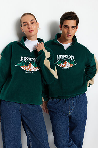 Trendyol Collection Σμαραγδένιο πράσινο Unisex Oversize/Wide Cut Stand γιακά Φούτερ Fleece κατά της διάτρησης TMNAW24SW00034