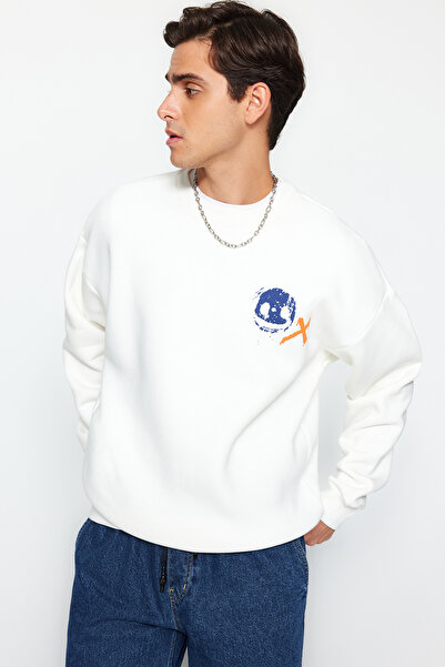 Trendyol Collection Ecru 100% Cotton Oversize/Wide Cut Geometric Back Printed Sweatshirt Tmnaw24Sw00200