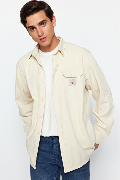 Trendyol Collection Stone 100% Cotton Relaxed Fit Label Detailed Single Pocket Gabardine Textured Shirt Jacket Tmnaw24Go00061