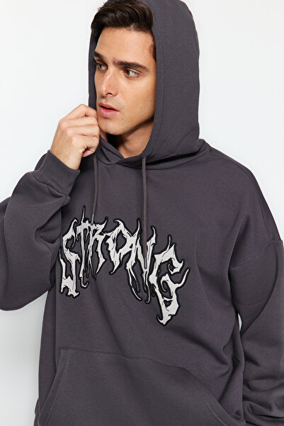 Trendyol Collection Antracit polár/meleg kapucnis oversize pulóver - TMNAW24SW00029